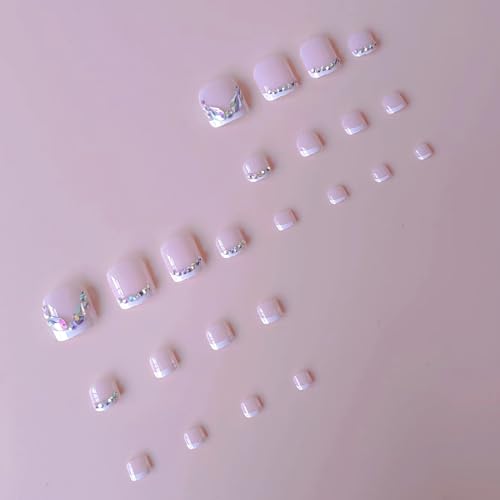 Image of Rhinestone Press on Toenails White French Tip Fake Toe Nails Shiny False Toenail with Design Summer Beach Toenail Press ons Glossy Reusable Artificial Acrylic Stick on Toes for Women Manicure 24Pcs