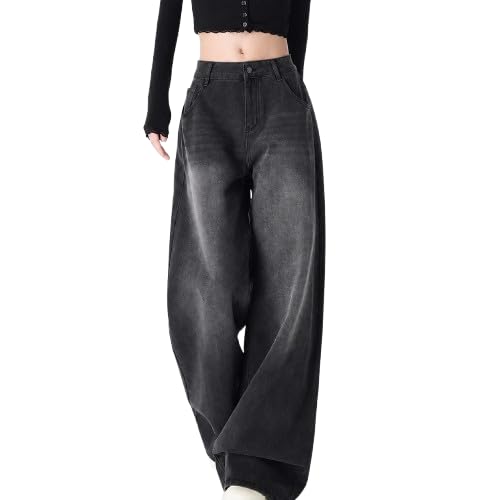 Image of Women's High Waist Baggy Wide Leg Jeans for Women - Loose Fit Washed Black Denim Pants with Straight Palazzo Style, Relaxed Streetwear Korean Trousers
