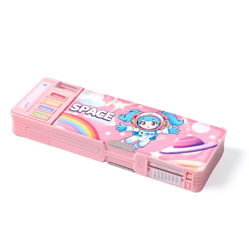 Ristpal Estuche multifunción para niños y niñas, diseño de dibujos animados, con sacapuntas, pizarra blanca, el mejor regalo de cumpleaños, Astronauta rosa, 1 Stück (1er Pack), Caja de lápices de