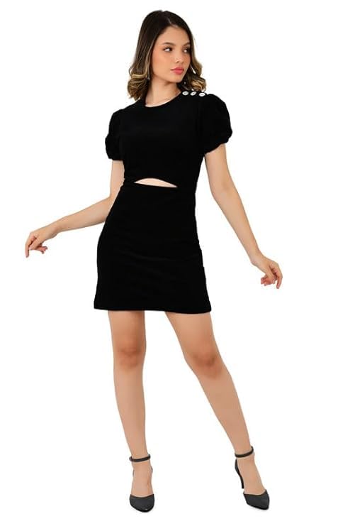Women’s Black Bodycon Dress | Stylish Puff Sleeves & Side Cut-Out | Elegant Mini Dress for Party, Cocktail, Dinner Date | Soft Stretch Fabric for Flattering Fit-image-18