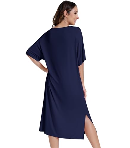 Image of NACHILA Women's Nightgowns-Viscose Made from Bamboo, Soft Sleepshirts Half Sleeve Nightshirt Cool Sleepdress with Pockets