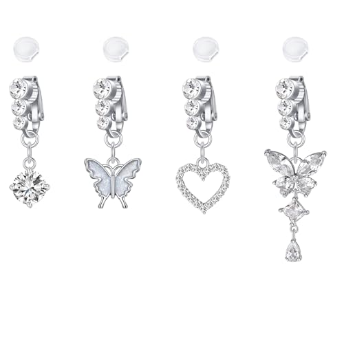 LAURITAMI Fake Belly Button Rings Stainless Steel Fake Belly Ring Silver Clips Belly Piercings for Women Butterfly Heart Fake Belly Rings
