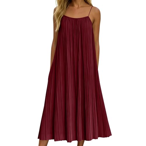 Image of Womens Summer Midi Dresses Sleeveless Square Neck Casual Flowy Swing A-Line Long Beach Dress Chiffon Pleated Boho Maxi Dress Ladies Elegant Bohemian Loose Vacation Dresses for Party Night Out Wine