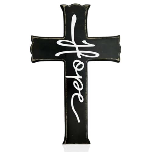Cruz de madera artesanal con acabado rústico bicolor y soporte resistente de colgar