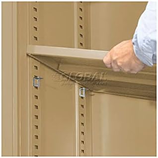 Close-up of a hand adjusting a shelf inside the Global Industrial Steel Storage Cabinet, showing the shelf clips and adjustment slots.