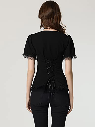 Allegra K Victorian Shirt for Women's Sweetheart Neck Puff Sleeve Halloween Lace Up Gothic Blouse3