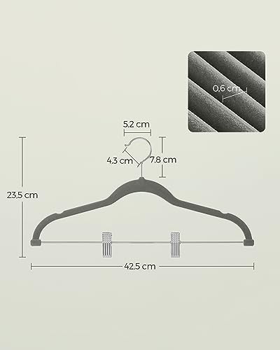 Image of SONGMICS Set of 10 Velvet Trouser Hangers with Adjustable Clips | Non-Slip, Space-Saving, 42.5 cm Long, for Skirts, Coats, Dresses, Grey, Hangers, Trouser Hanger CRF012G10