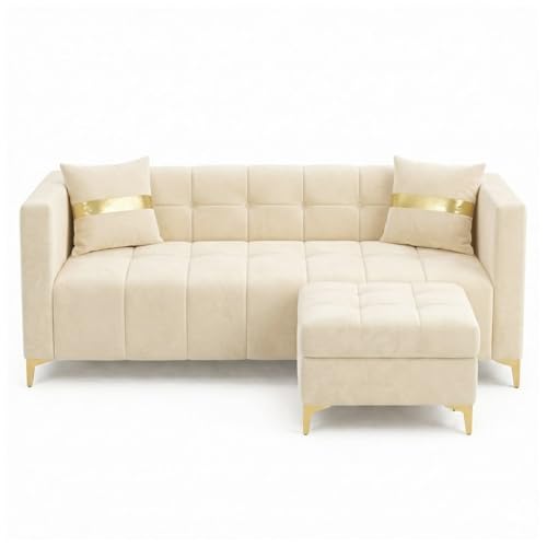 Image of FURNY Styliving 4 Seater L Shape Sofa Set with Movable Ottoman & Golden Legs | Flexible Left or Right Layout | Plush Velvet Fabric (Cream) | Perfect for Living Room, Guest Room & Office