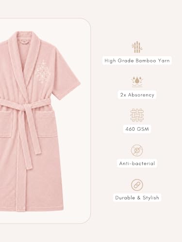 Image of RANGOLI Royal Bamboo Premium Bathrobe For Women | Ultra Soft Bamboo Yarn Lightweight Bathing Robes | 460 GSM Highly Absorbent & Quick Drying Luxurious Bath Gown | Knee Length Bath Robe - Peach
