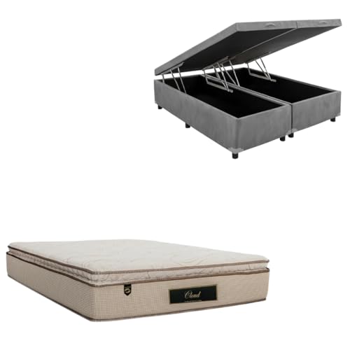 Cama Box Baú Bipartida Blindada com Colchão Cloud Molas Ensacadas C/Pillowtop 32cm (SUEDE CINZA, Queen)