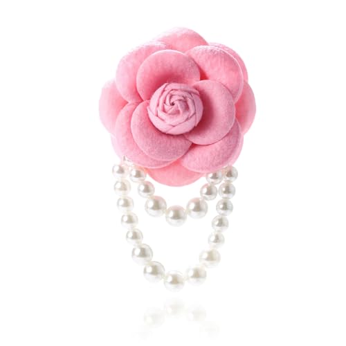 Vintage Camellia Brooch for Women Statement Pearl Tassel Brooch Boho Multicolored Fabric Flower Brooches Laple Pins Dress Wedding Accessories (Light Pink)
