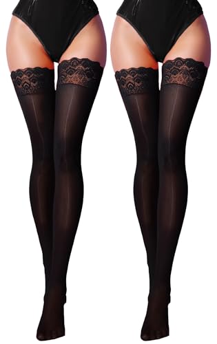 Women Oiled Stockings Thigh High Lace Trim Shiny Glossy Knee High Stockings 2 Pairs