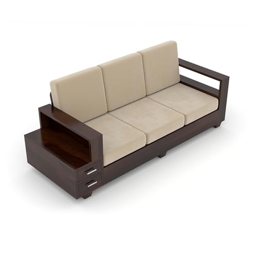 Image of Sheesham Wooden 3 Seater Sofa for Living Room | Solid Wood Sofa with Side Box Storage & Cushion | Rosewood Sofa Set for Home & Office | Lounge (Walnut, 3 Seater)