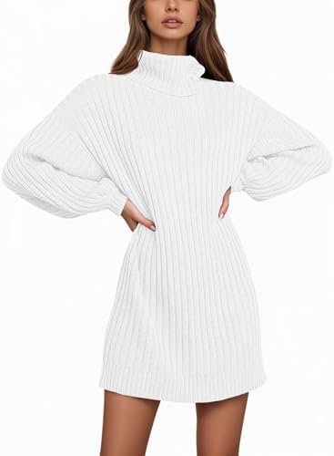 Saodimallsu Damen Strickkleid Langarm Rollkragenpullover Kleid Oversized Laternenärmeln Minikleid Casual Einfarbig Pullover Herbst Winter