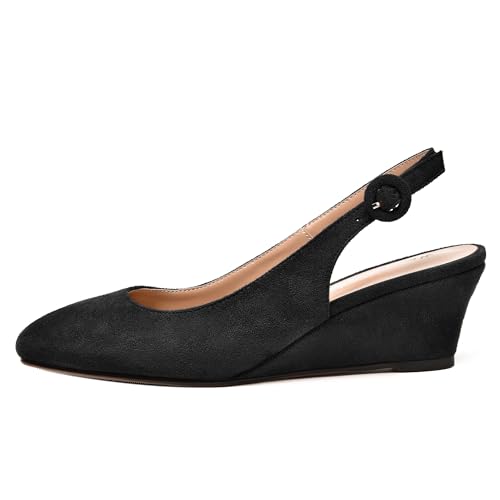 WAYDERNS Womens Square Toe All Weather Suede Adjustable Strap Dating Solid Buckle Wedge Low Heel Pumps Shoes 2 Inch2