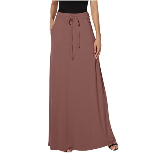 Womens Maxi Skirt Elastic Basic Solid Tie Dye Foldable High Waisted Midi Length Plus Size A-Line Skirts with Pockets(Coffee,Small)