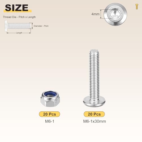 Image of METALLIXITY Crib Screws Replacement Set(M6-1x30) 40Pcs, Silver Tone, 304 Stainless Steel Hex Socket Screws with Lock Nuts - for Furniture Woodworking Project, Silver Tone