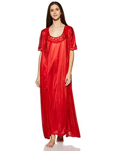 Clovia Women's 4 Pcs Satin Nightwear in Red - Robe, Nightie, Top, Capri - Image 6