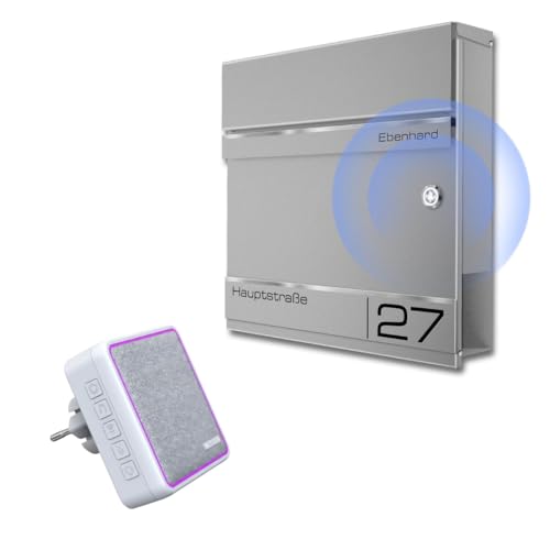 Metzler® Briefkasten mit integrierter Funkklingel und Zeitungsfach RAL 9007 Graualuminium – personalisierbar mit Gravur – wetterfester Stahl – kabellos mit Funk-Empfänger – Maße 37×37×10,5 cm