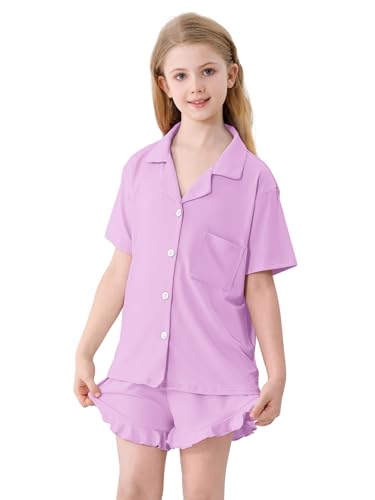 Umeyda Girls Pajamas Set, 2Pj Nightwear Button-Down Sleepwear for Kid Kid Lounge Sets, Light Purple, 11-12 Years = Tag 1602