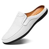 LUODENGLANG Men’s Slip-On Loafers Handmade Leather Slippers Breathable Comfortable Soft Hand Stitched no-heel Casual Shoes For Men White 45 M 10.5