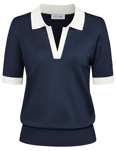 Kate Kasin Women Short Sleeve Polo Sweater V Neck Knitted Tops Casual Ribbed Shirt Loose Pullover Sweater