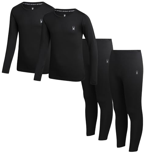 La Mejor Selección de Térmicos para Niño los preferidos por los clientes. 48 Spyder - Juego de ropa interior térmica para niños, 4 piezas, capa base aislada que absorbe la humedad, pantalones largos transpirables para niños y niñas, Negro/Negro, 16-18