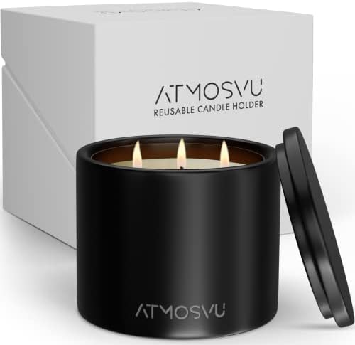 Black Reusable Candle Holder | Luxury Scented Pine Spice Christmas | Sustainable Eco-Friendly Clean Burning Vegan Soy Wax | Gift Box Set | Large Jar Three Wick | Refillable Candle Holder | ATMOSVU