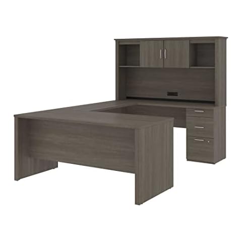 Bestar Logan U or L-Shaped Executive Office Desk with Pedestal and Hutch, Table Workstation for Personal Home Workspace, 66W, Bark Grey Cover