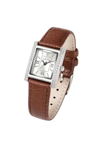 ALCENTIS - Montre Femme rectangulaire - mécanisme à Quartz - Bracelet Cuir - Bordures du Cadran serties de Petits Cristaux décoratifs (Bracelet Marron)