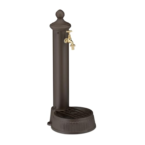 Relaxdays Fontana da Giardino in Stile Antico, Fontanella a Colonna con Rubinetto e Vaschetta, HLP: 65x25x30 cm, Marrone, Acciaio Inox