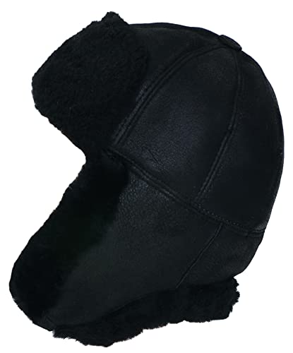 CUCUBA Sombrero de piel de oveja Shearling Invierno Ushanka Hombre Sombrero Piloto Aviador Soviético de Nieve con Orejeras (XXL), Negro, 62-63, Negro , XX-Large Cover