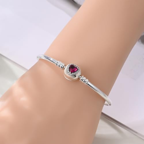 Image of 925 Sterling Silver Snake Chain Bracelets Fit Pandora Charms,Heart Clasp Bracelets Perfect For Any Glamour Gift for Women with 5 A Cubic Zirconia