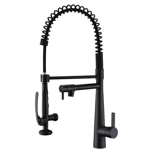 GICASA Copper Kitchen Faucet, Solid Brass Matte Black Kitchen Faucet, Heavy Duty Spring Pre-Rinse Single Handle Kitchen Faucets with Pull Down Sprayer and Pot Filler, Commercial Style Sink Faucet