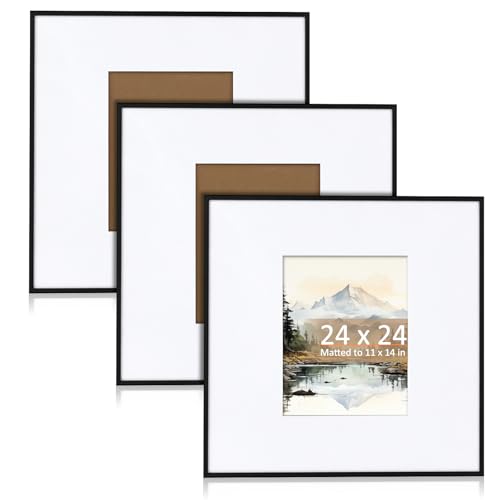 Wonderjune 3 Pcs Matte Black Metal Picture Frames Aluminum Alloy Thin Border Square Frames with Fit for Photo with Mat or Photo Without Mat (24x24 Inch11x14 Inch)