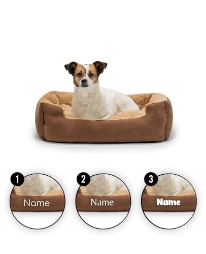lionto Hundebett mit Wendekissen und Rutschfester Unterseite, Heimtierkissen mit tiefem Einstieg für Hunde und Katzen jeden Alters, 60x48 cm, kuscheliges Hundekissen, braun/beige (Namensaufdruck)