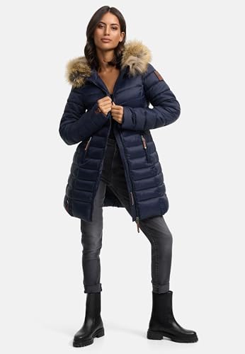 MARIKOO Damen Wintermantel warmer Steppmantel lang mit Kapuze und abnehmbarem Kunstfell-Kragen Rose Blau Gr. L