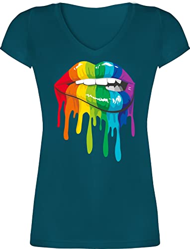 T-Shirt Damen V Ausschnitt - Kleidung Pride Flag - Lippen LGBT & LGBTQ - M - Türkis - CSD Outfit LGBTQ-t-Shirt Lesbian Regenbogen Tshirt Shirt sexy Gay lqbtq lippe Oberteil t Cotton lgbtqia Mund