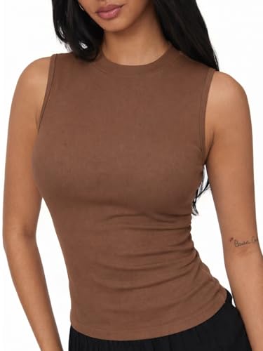 Image of CIDER Womens Tank Tops Sleeveless High Neck Ruched Crop Tops Going Out Casual Basic Ribbed Shirt Summer Fashion Clothing