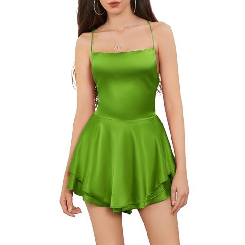 LouVasabuce Women Sexy Backless Short Romper Satin Dress Cowl Neck Tie Ruffle Layer Spaghetti Strap Jumpsuit Mini Dress (Light Green, S)