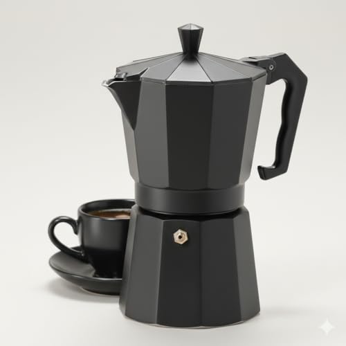 Image of Matte Black Aluminium Stovetop Espresso Maker Moka Pot Classic Italian Style Coffee Percolator with Safety Valve & Heat Resistant Handle, Durable Mokka Coffee Maker for Gas & Electric Stove