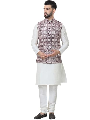 Image of SOJANYA (Since 1958 Men's Silk Blend Kurta Pyjama with Embroidered Nehru Jacket