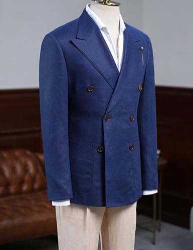 Double Breasted Peak Lapel Blazer Jacket for Men Linen Slim Fit Wedding Business Casual Sport Coats2