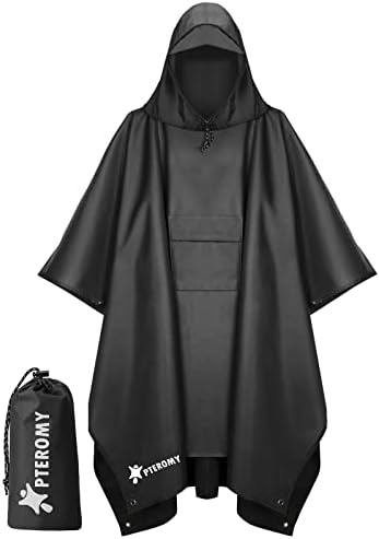 PTEROMY Hooded Rain Poncho for Adult with Pocket, Waterproof Lightweight Unisex Raincoat for Hiking Camping Emergency (Black)