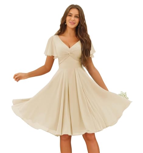 IONXUCA V Neck Short Bridesmaids Dresses 2025 Champagne A Line Ch...