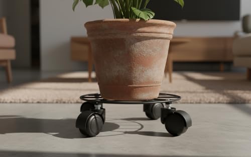 Image of Round Metal Plant Stand with Wheels (Pack of 1) | Heavy Duty Pot Trolley for Home, Balcony & Garden | Black