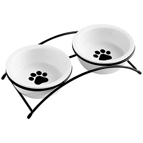 Elevated Cat Bowls, Dog Bowl, Ceramic Raised Cat Food Water Bowl Set with Metal Stand for Indoor Cats Small Dog, Prevent Neck Pain,12 Ounces, Cute Paw Pattern Elevated Cat Bowls, Dog Bowl, Ceramic Raised Cat Food Water Bowl Set with Metal Stand for Indoor Cats Small Dog, Prevent Neck Pain,12 Ounces, Cute Paw Pattern