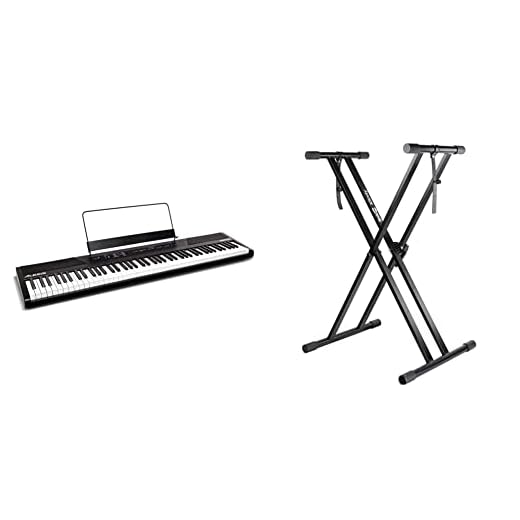 Alesis Recital Pianoforte/Pianola, Casse Integrate, 5 Suoni, 88 Tasti, Alimentatore, 3 mesi Abbonamento Skoove Premium & RockJam Xfinity Doublebraced Pre Assemblato Basamento della Tastiera Altamente