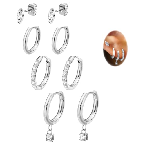 Surgical Steel Huggie Hoop Eearings - 4 Pairs Gold Dainty Hoop & Stud Earring Set, Hypoallergenic Layered Ear Jewelry, Minimalist Tiny Studs for Daily Wear