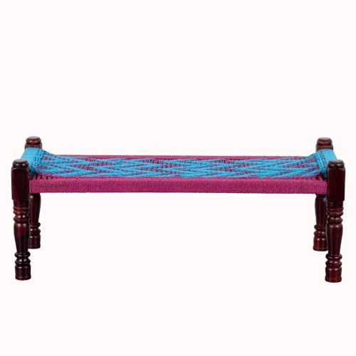 Image of Wooden Bench for Seating | Handcrafted Sheesham Wood Bench for Living Room, Balcony & Garden | Traditional Patio for Outdoor with Cotton Handwoven Rope | Pink and Light Blue